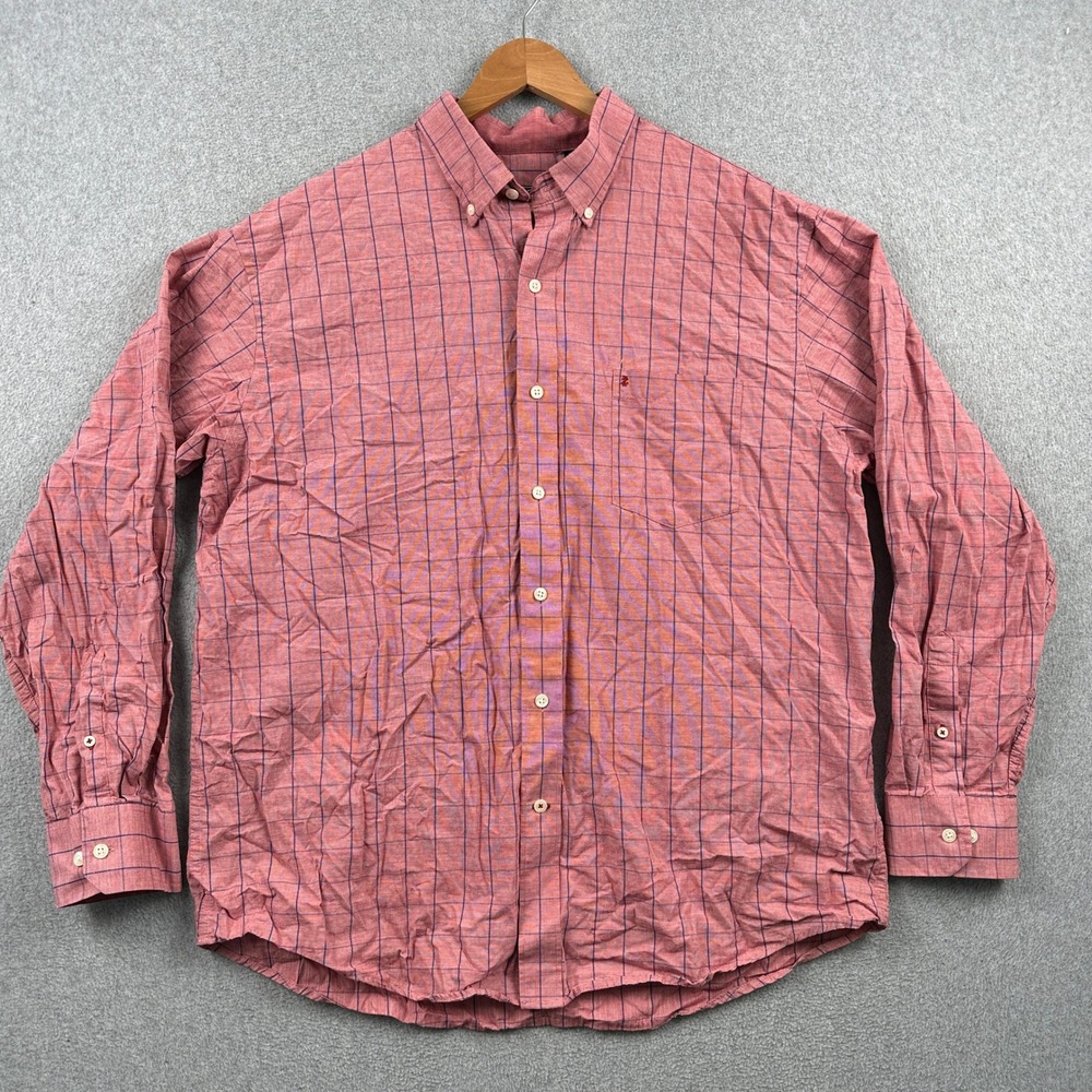 Izod Shirt Mens XL Red Windowpane Plaid Long Sleeve Button-Down Cotton